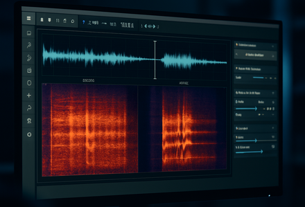 Computer monitor image of forensic audio software displaying waveform and spectrogram views for analysis.