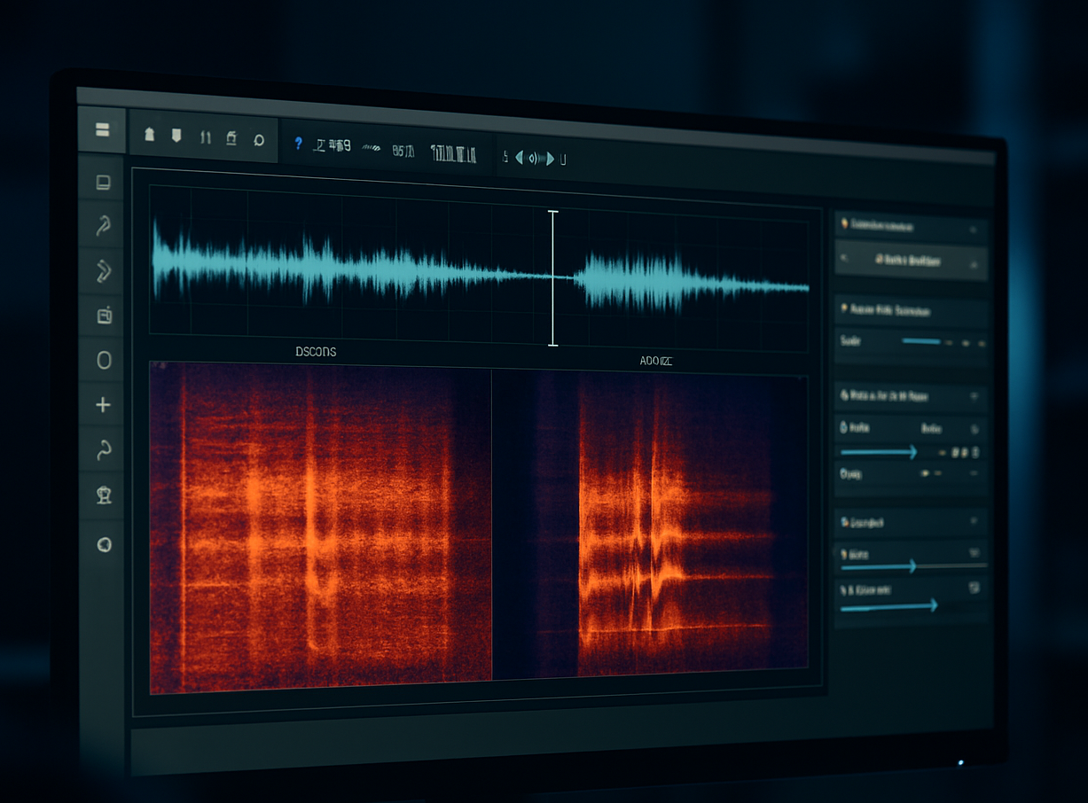 Computer monitor image of forensic audio software displaying waveform and spectrogram views for analysis.