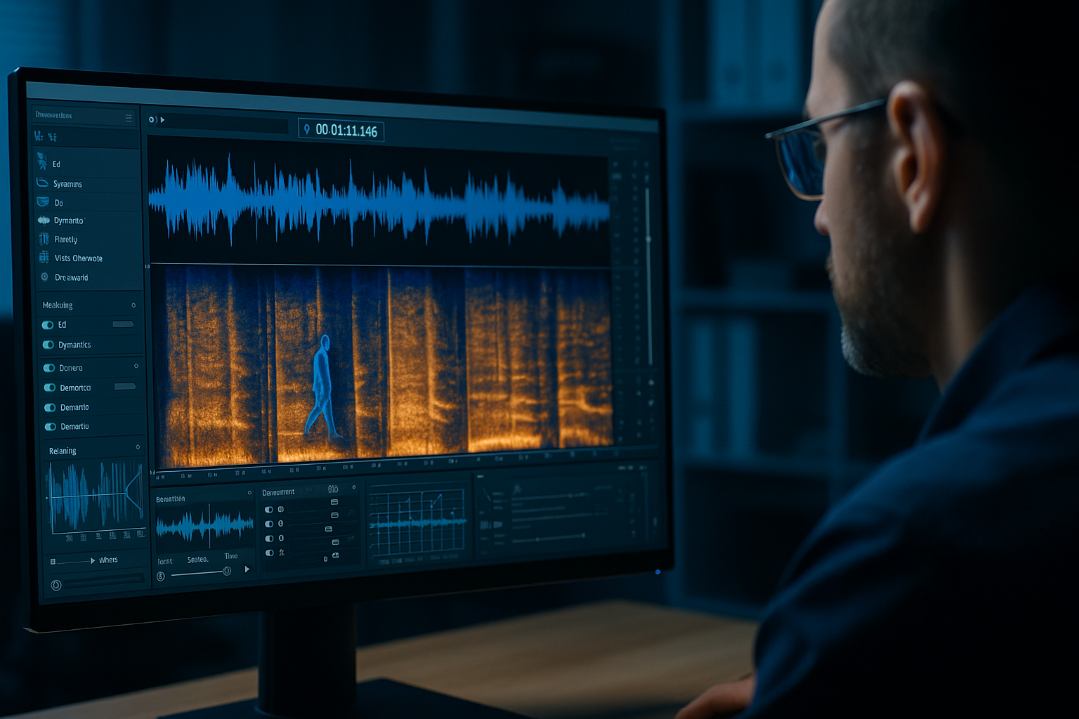 Audio forensic expert analyzing audio to reduce background noises and enhance specific sounds and speech intelligibility.