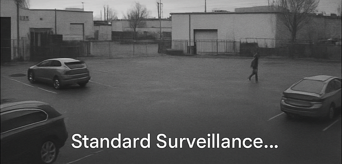 CCTV video image of parking lot with vehicles and an individual walking.