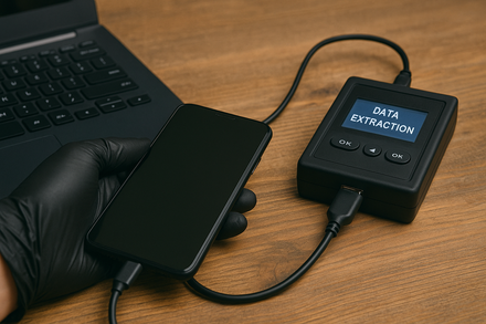 Mobile phone connected to a data extraction device and laptop.