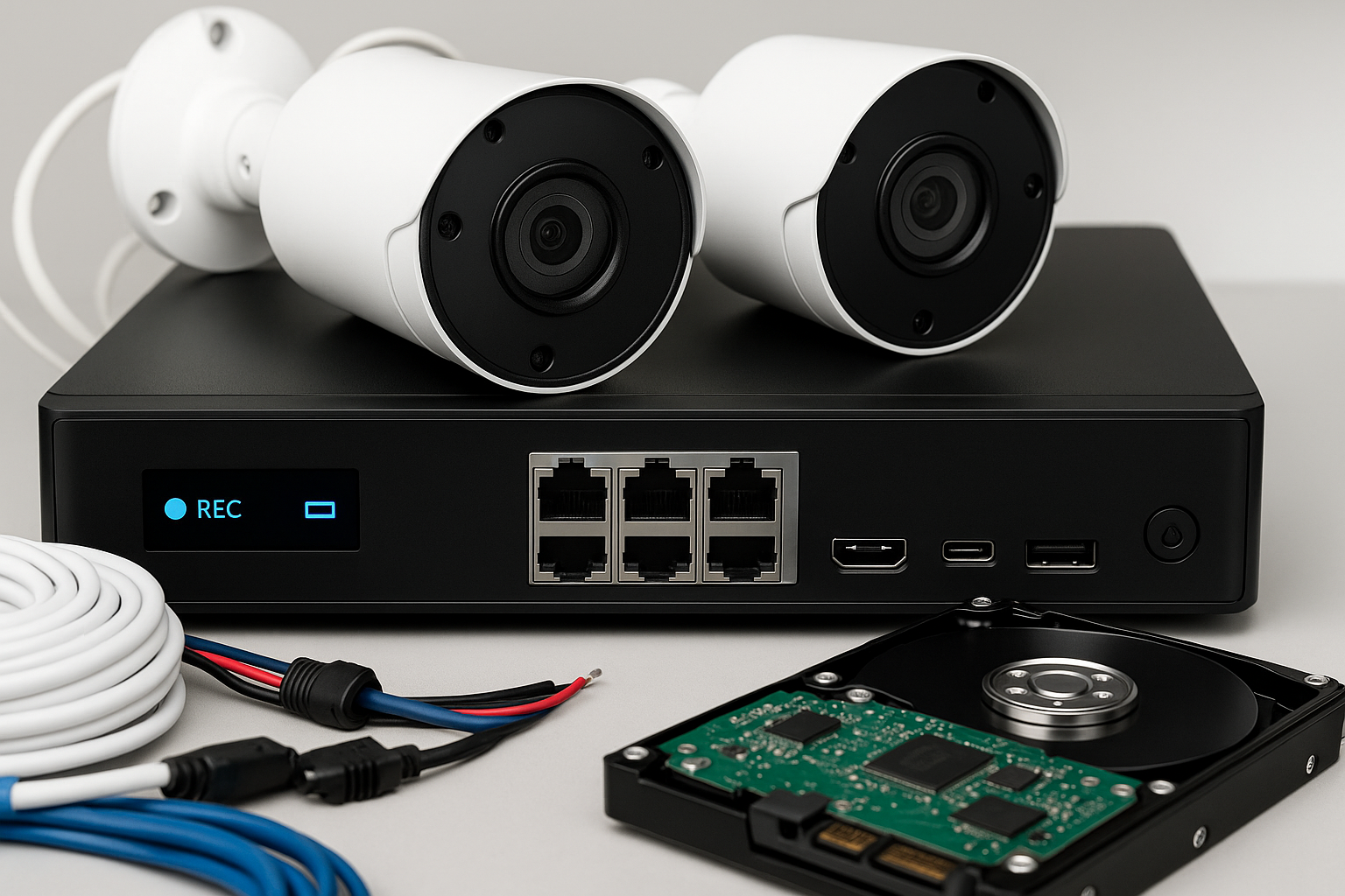 DVR/NVR recording system with two cameras, cables, and internal hard drive.