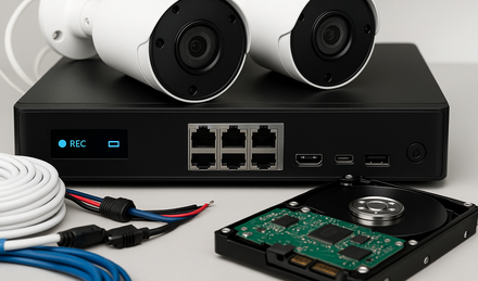 DVR/NVR recording system with two cameras, cables, and internal hard drive.