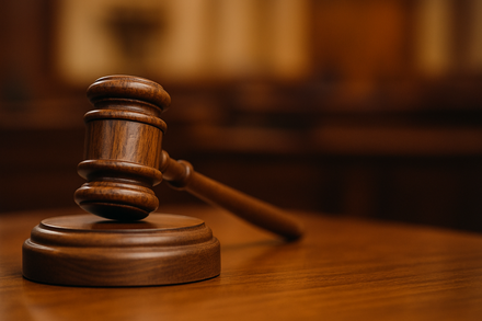 Image of wooden courtroom gavel on a desk.