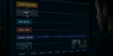 Digital forensic expert conducting timeline analysis of video, GPS, call log, and audio data.