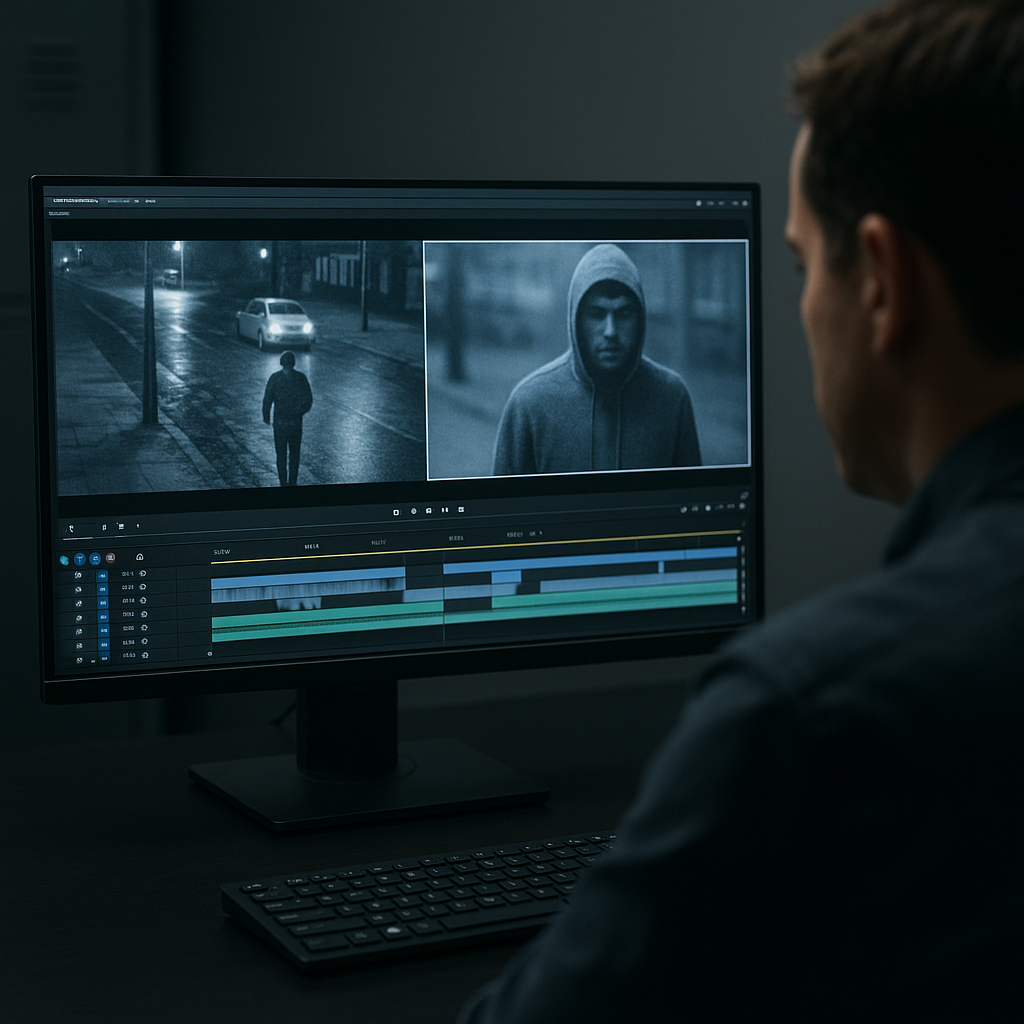 Video forensic expert analyzing video and timeline evidence to clarify suspect images.