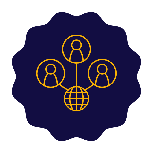 A line drawing of three people connected to a globe.