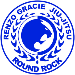 A blue and white logo for renzo gracie jiu-jitsu round rock