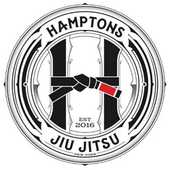 The logo for hamptons jiu jitsu is black and white with a red belt.