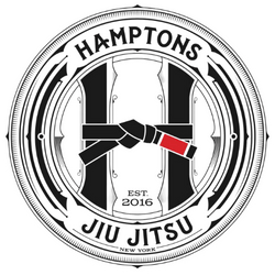 The logo for hamptons jiu jitsu is black and white with a red belt.