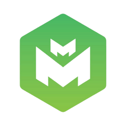 A green hexagon with a white letter m inside of it.