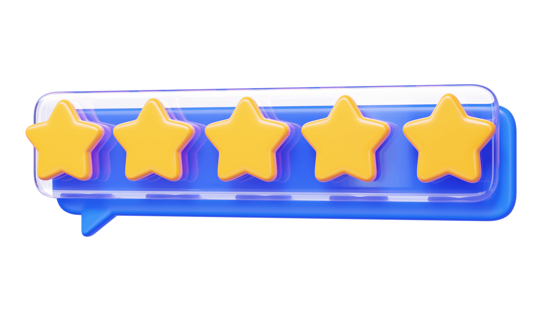 A blue speech bubble with five yellow stars on it.