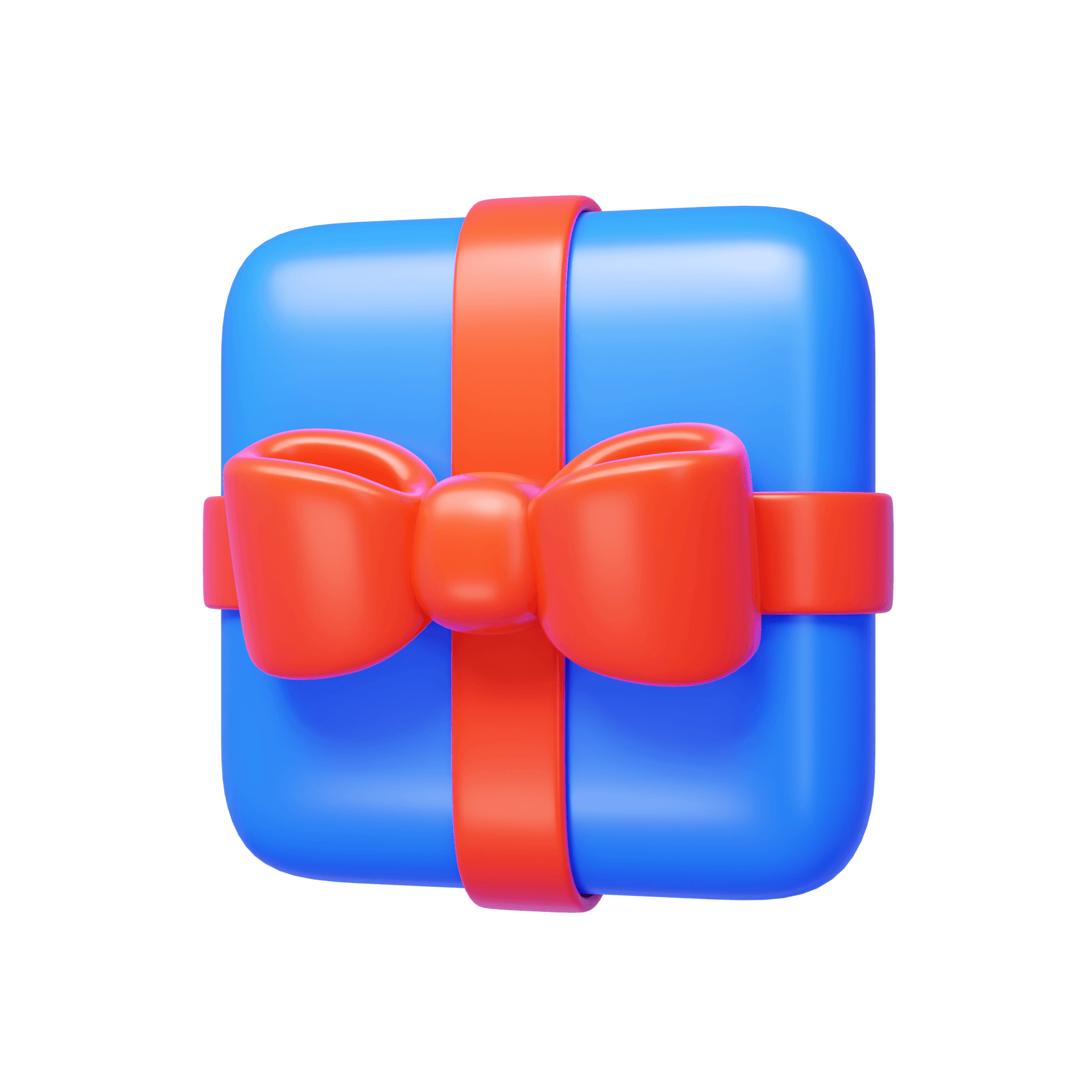 A blue gift box with a red ribbon and bow.