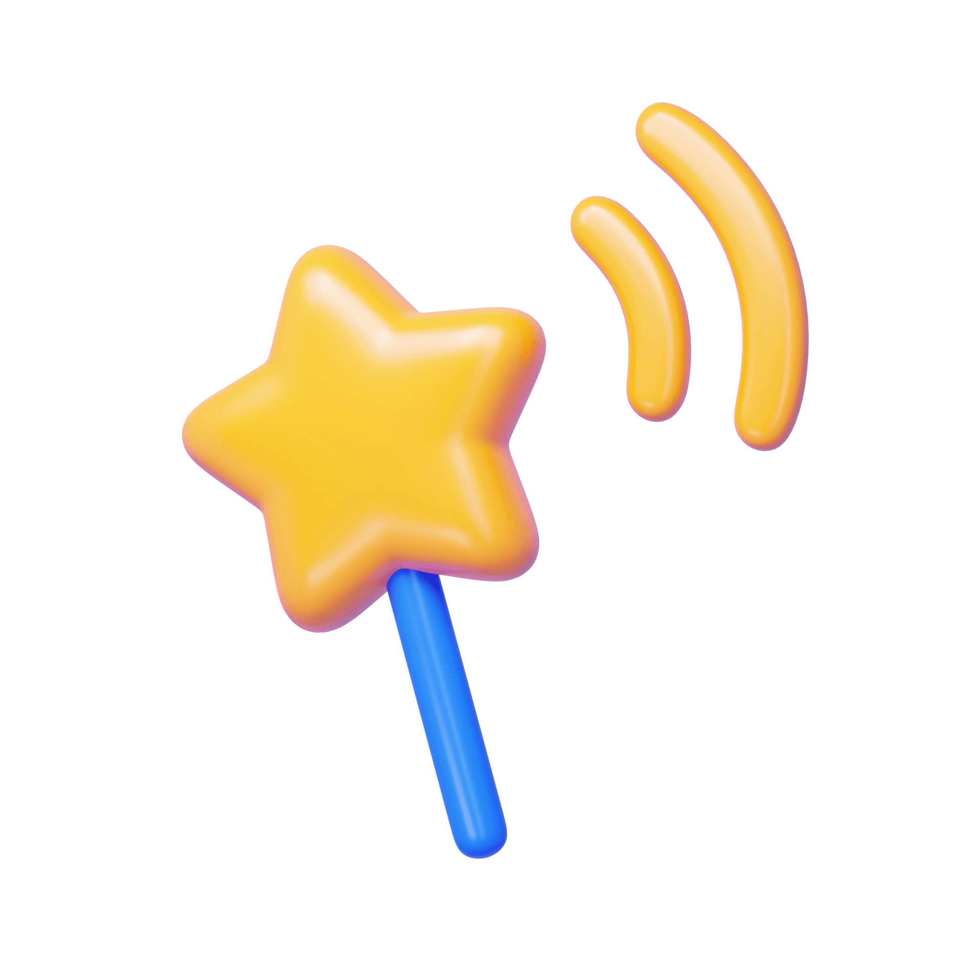A yellow star shaped wand with a blue stick on a white background.