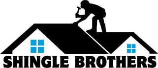 Shingle Brothers logo with a roofer silhouette on a black roof and blue windows