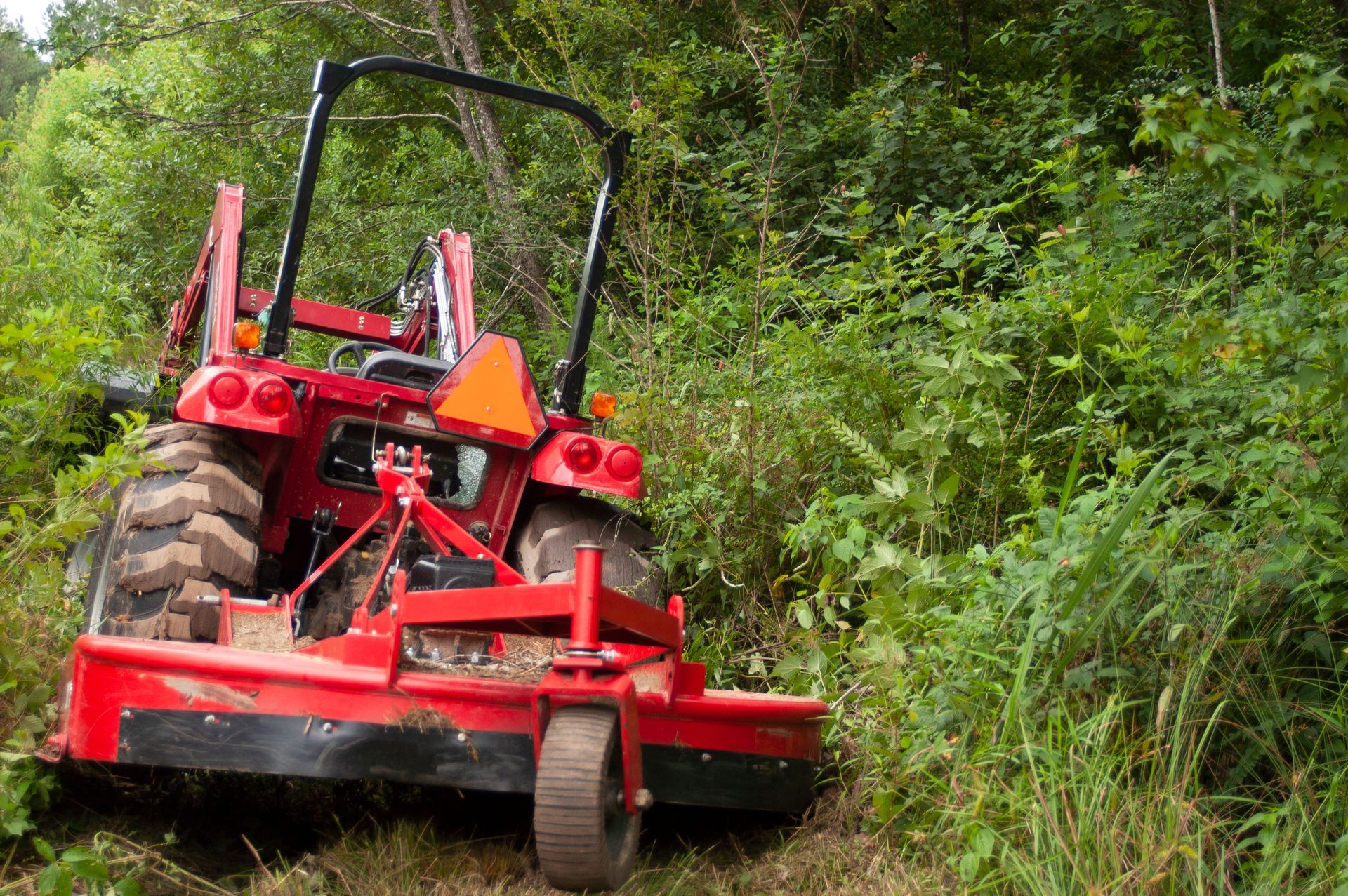 A red tractor with a bush hog mower attachment clearing tall grass and brush in a wooded area.