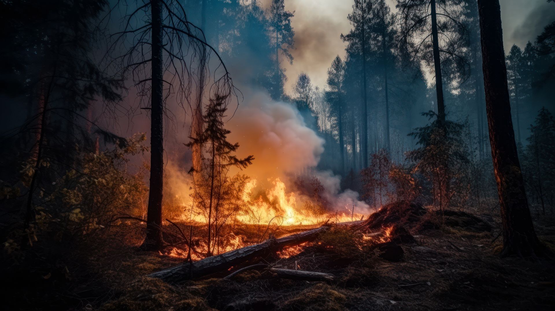 A forest floor covered in flames and thick smoke, with dark tree silhouettes visible against a glowing fire.