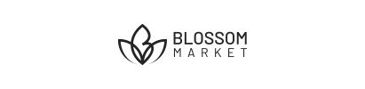 El logotipo de Blossom Market es en blanco y negro y parece una flor.