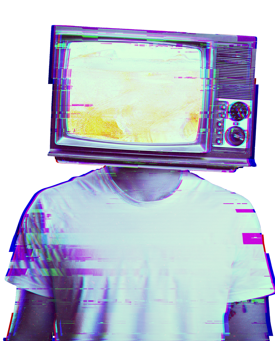 Una persona con un televisor en la cabeza.