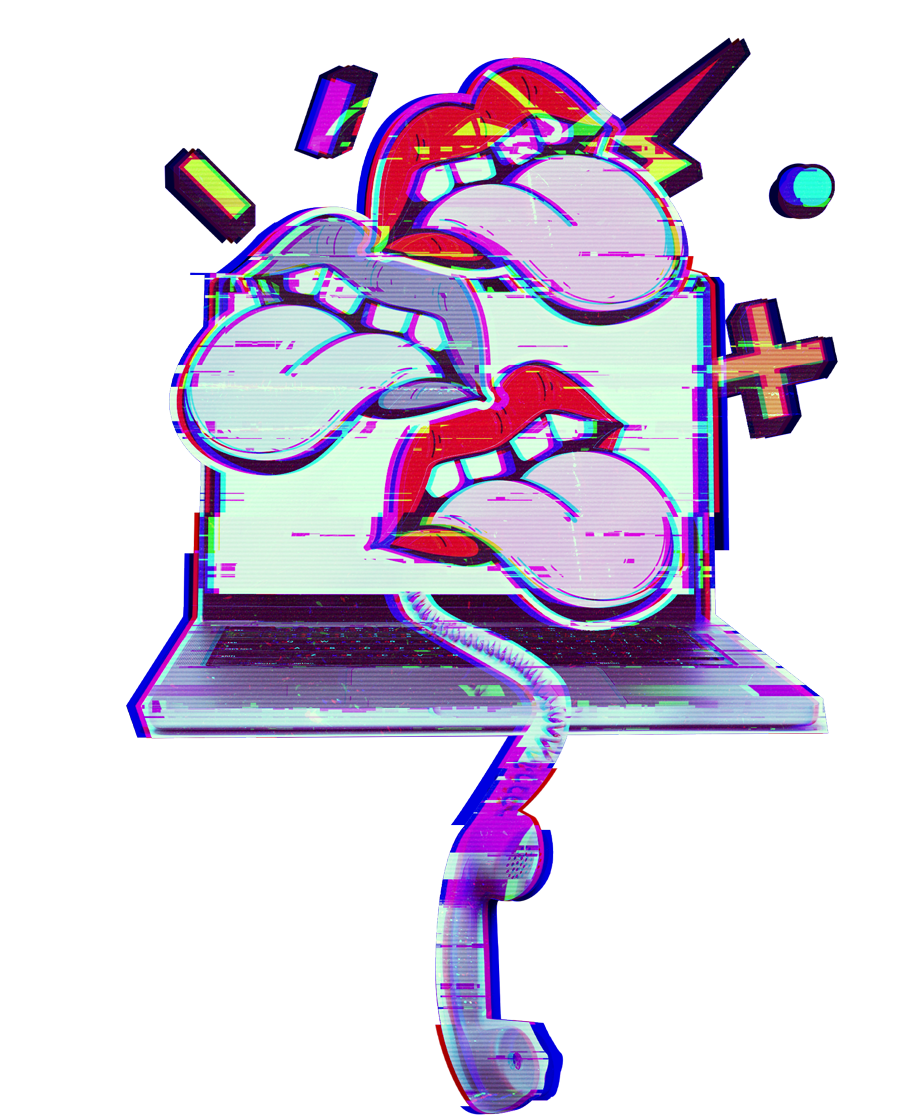 Una caricatura de dos labios que sacan la lengua de la pantalla de una computadora portátil.