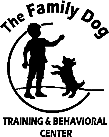 Silhoette of a boy and puppy playing. Text: Family Dog Training & Behavioral Center