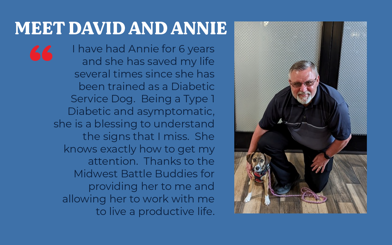 David kneels on the floor next to his small dog, Annie