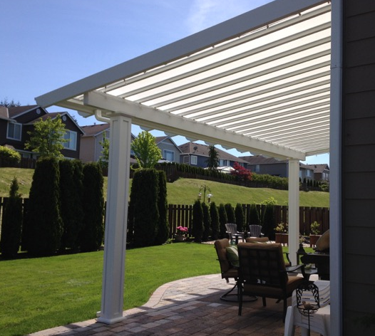 White pergola over a patio in a backyard, with furniture and a green lawn.