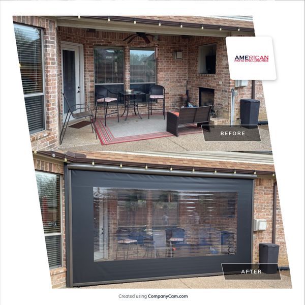 A before-and-after of a brick patio with outdoor furniture. The after shows a black, retractable, clear-windowed screen installed.