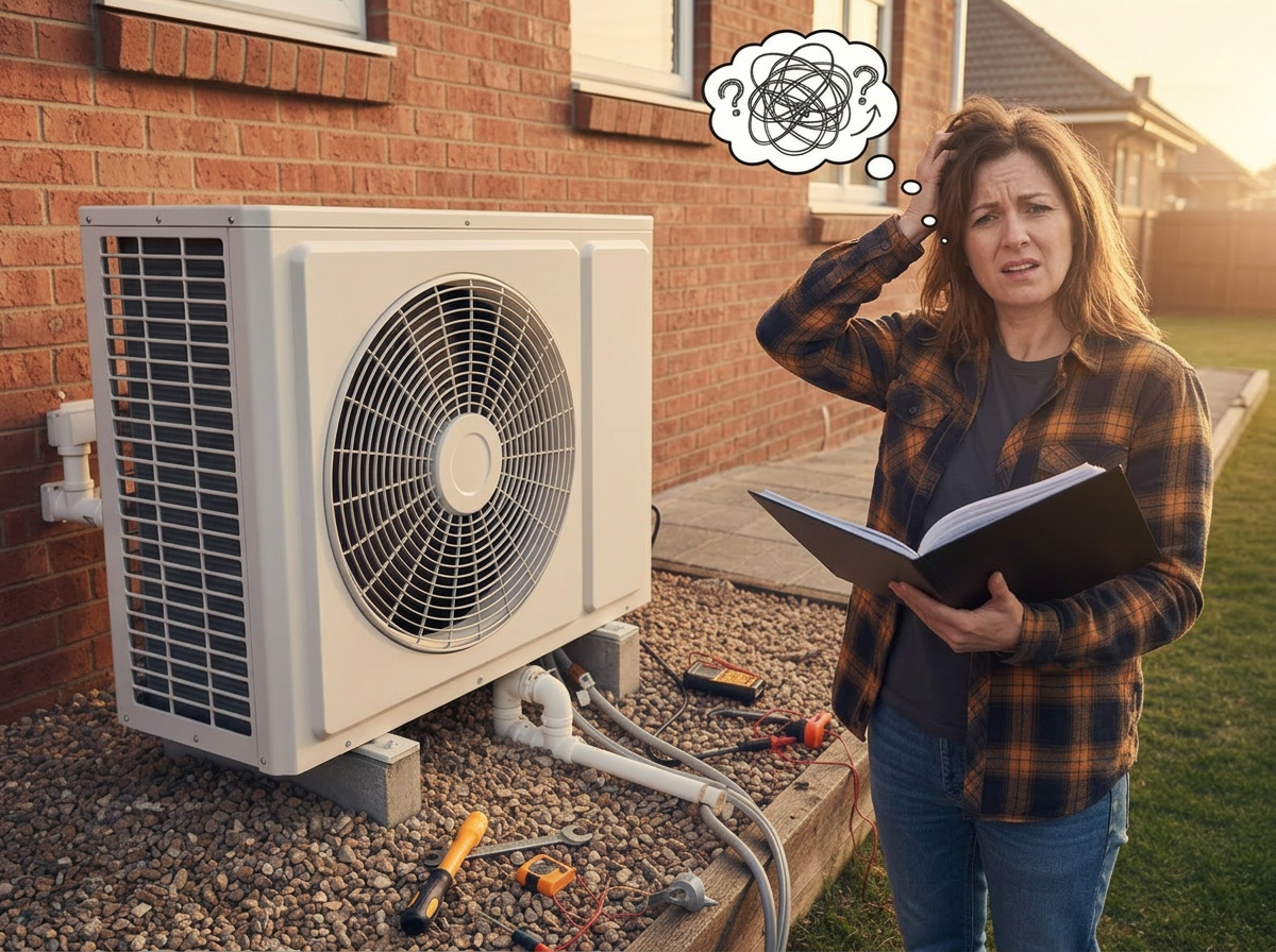 A woman looking confused in front of a heat pump