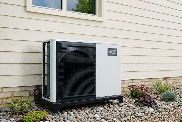 Heat pump on a grass path next to a bush