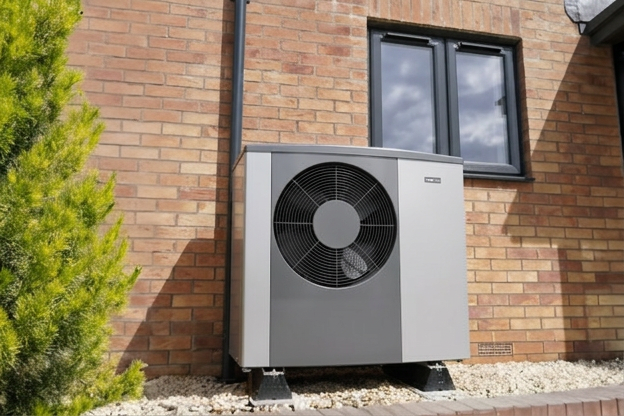 Heat pump outside the back door of a brick house, next to a bush