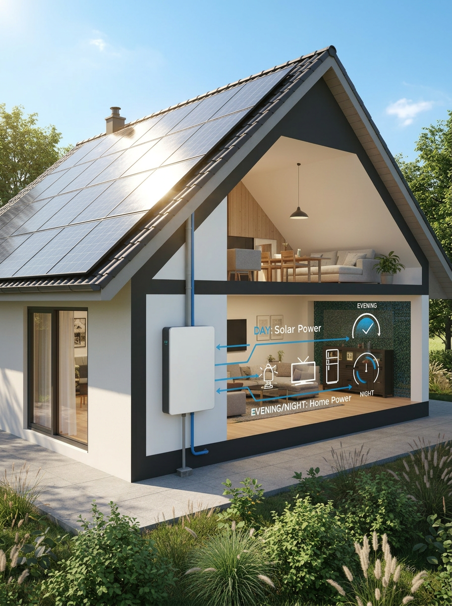 Aerona heat pump outside a kitchen window between a bush and a tree