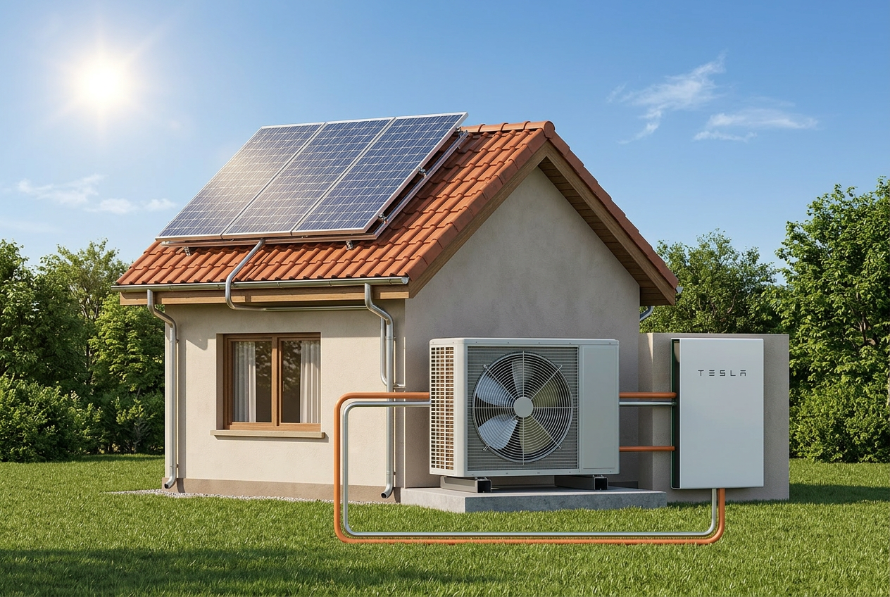 Visual graphic of house with heat pump, battery and solar
