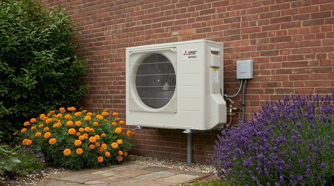 Air source heat pump against brick wall