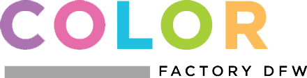 A colorful logo for color factory dfw on a white background