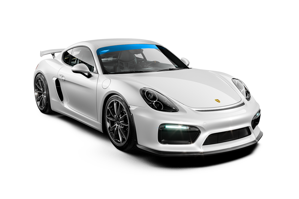 A white porsche 911 gt4 rs with a blue windshield on a white background.
