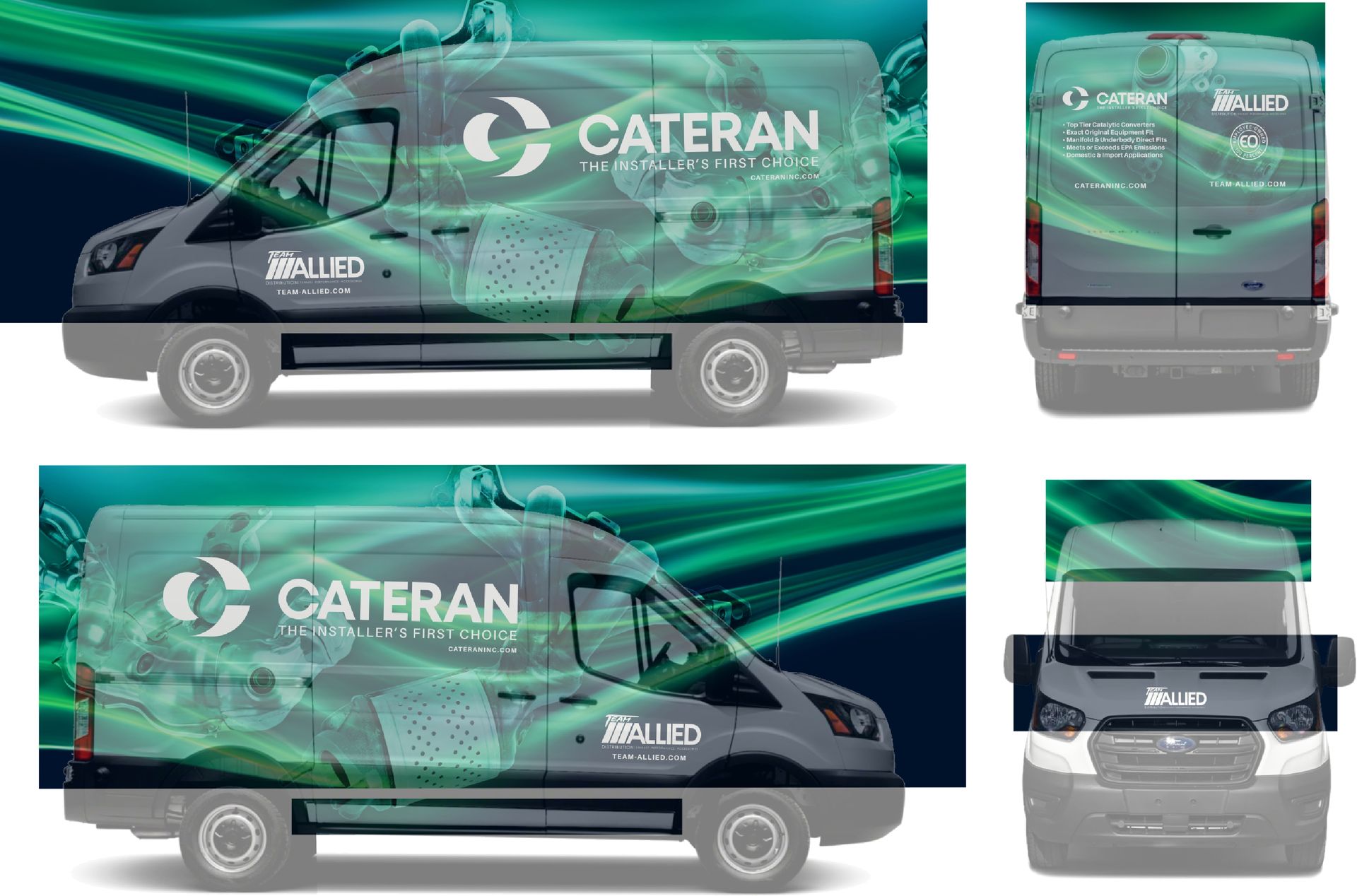 A white van with a green and blue design on the side.