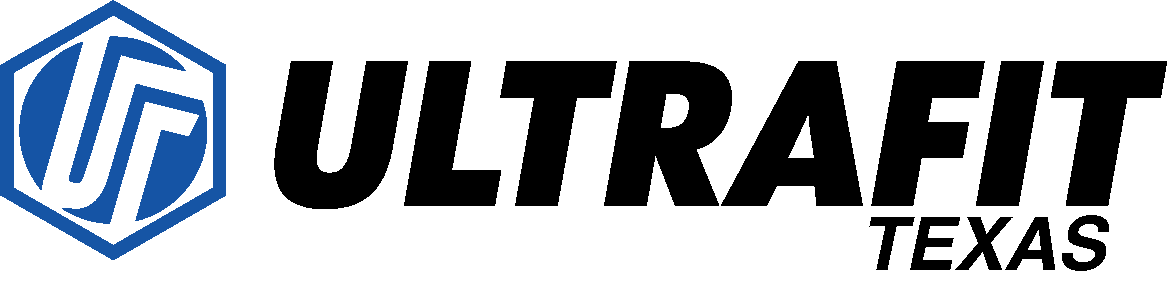 Logo for Ultrafit Texas, featuring a blue hexagonal shape with the letters