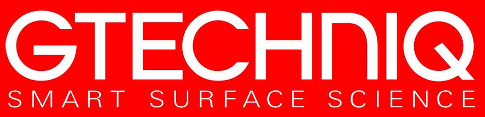 Logo of Gtechniq in white text on a red background, with the words 