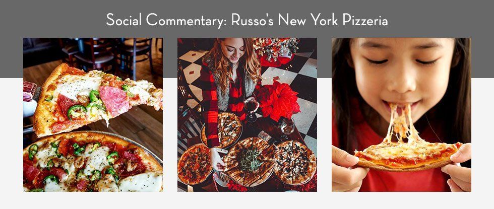Three photos showcasing pizza from Russo's New York Pizzeria. One photo shows a person eating a slice with cheese pull.