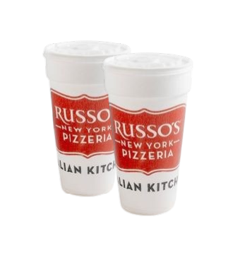 Two white styrofoam cups branded with the red and white Russo's New York Pizzeria Italian Kitchen logo.