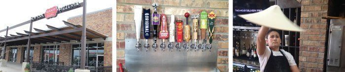 A restaurant with an awning, beer taps, and a chef tossing pizza dough.
