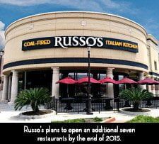 Exterior of a Russo's Italian Kitchen restaurant.  It's a round building with outdoor seating.  Text below states they planned seven more locations by end of 2015.