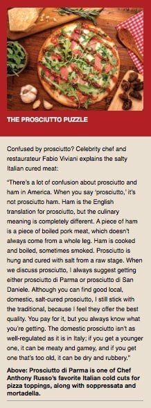 A pizza topped with prosciutto and arugula, from an article discussing prosciutto and its preparation.