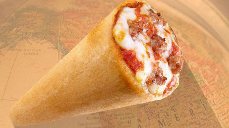 Pizza cone with visible toppings, set against a world map background. The cone has a browned, bread-like exterior and filled with cheese and sausage.