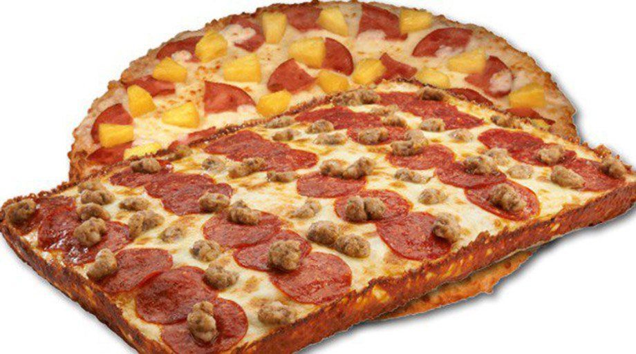 Two pizzas: a circular one with pineapple and ham, and a square one with pepperoni and sausage.