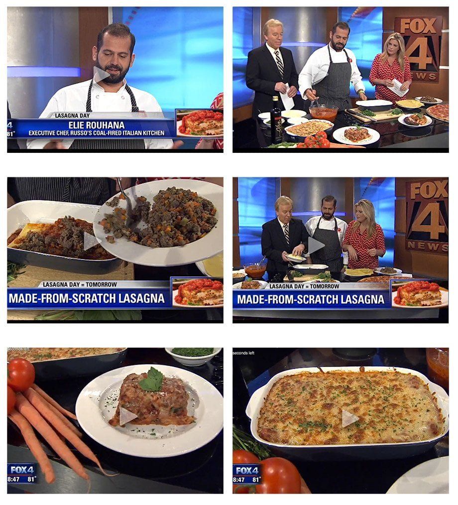 Six-panel collage of a cooking segment on Fox 4 News. A chef makes lasagna with hosts, dishes on display.