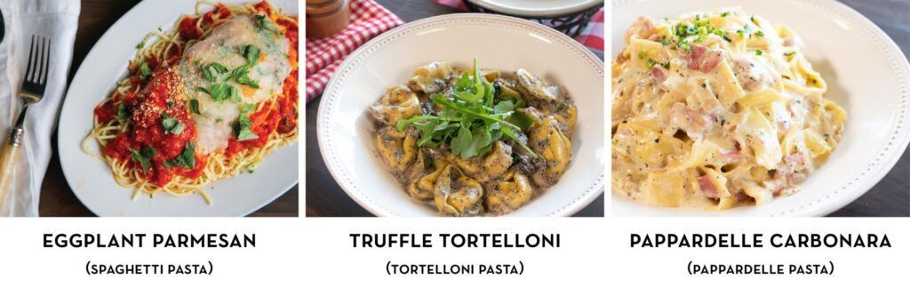 Three pasta dishes: eggplant parmesan, truffle tortelloni, and pappardelle carbonara on white plates.