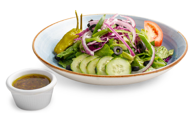 House Salad with leafy greens cucumber red onion tomato bell pepper