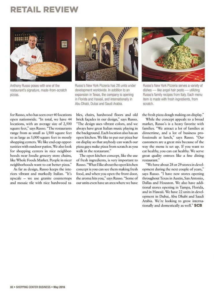 Retail review with three photos: a chef holding a pizza, restaurant interior with people, and a plated pasta dish with herbs.